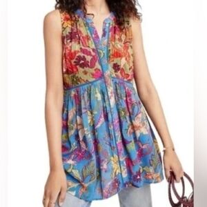 By Anthropologie Boho Gauzy Eyelet Detail Floral Mixed Print V-Neck Tank Blouse